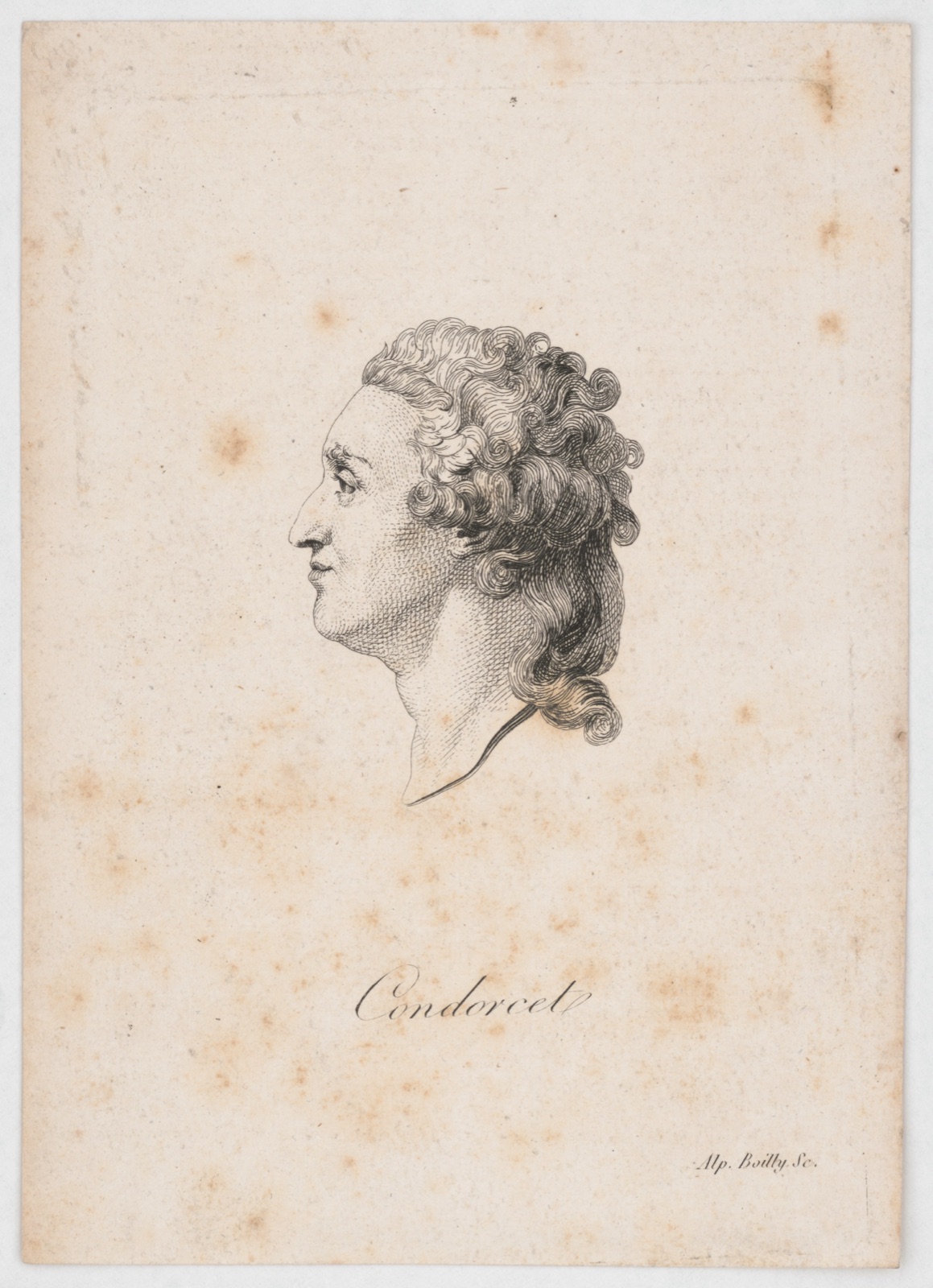 Engraved bust-length portrait of the Marquis de Condorcet, an 18th-century man in a coat and neck-cloth, hair brushed back, facing slightly to one side.