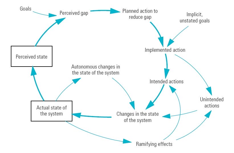 A causal-loop diagram in blue: boxed nodes for 'Perceived state' and 'Actual state of the system' joined by curved arrows running through 'Goals', 'Perceived gap', 'Planned action to reduce gap', 'Implicit, unstated goals', 'Implemented action', 'Intended actions', 'Unintended actions' and 'Ramifying effects'.