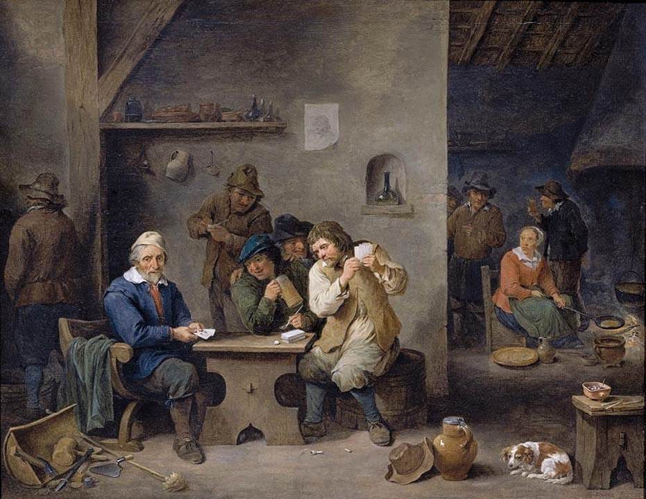 A dim seventeenth-century tavern interior in which several men in period dress are gathered around a table gambling, painted in warm browns by David Teniers the Younger.