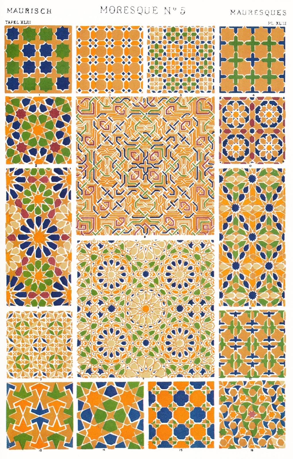A colour lithographic plate of repeating ornamental patterns from Owen Jones's 1868 The Grammar of Ornament, laid out in a symmetrical grid of decorative motifs.