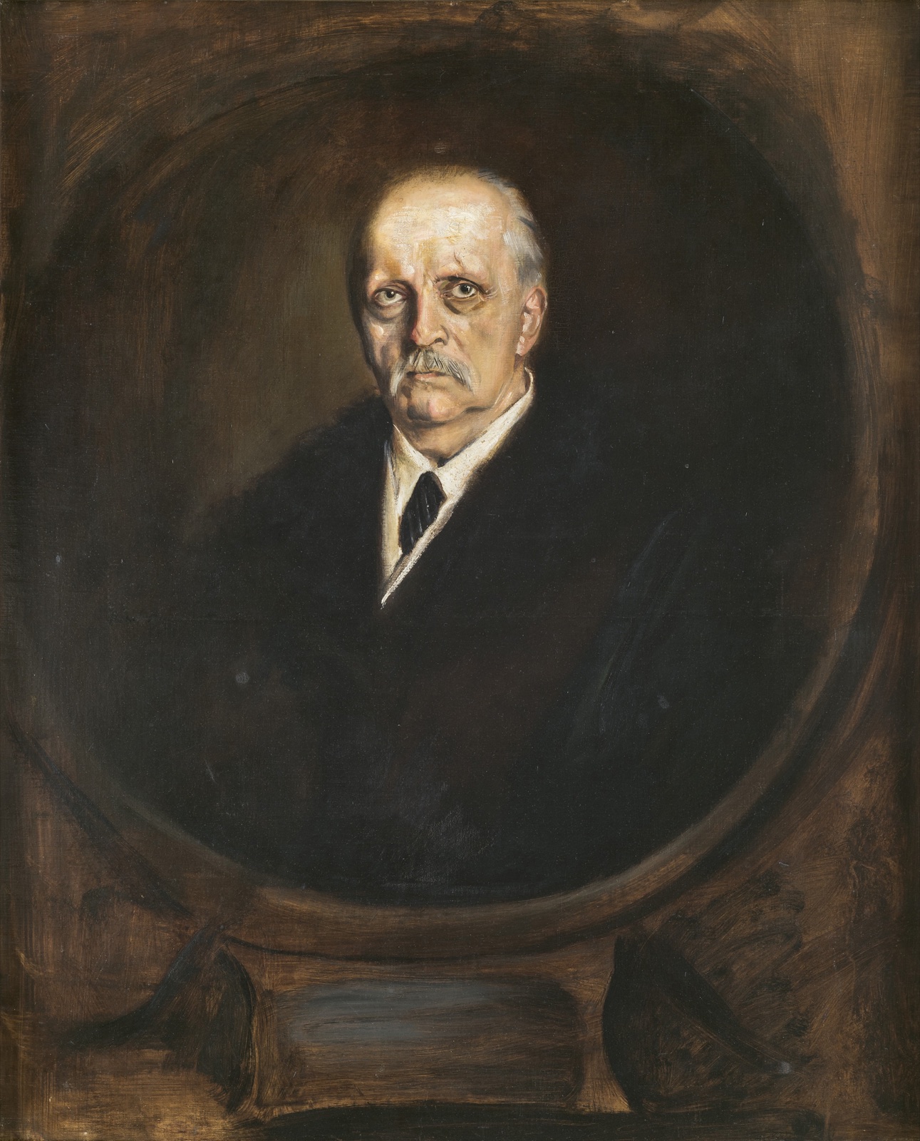 An 1894 oil portrait of Hermann von Helmholtz in a dark coat, painted in an oval vignette against a brown ground.