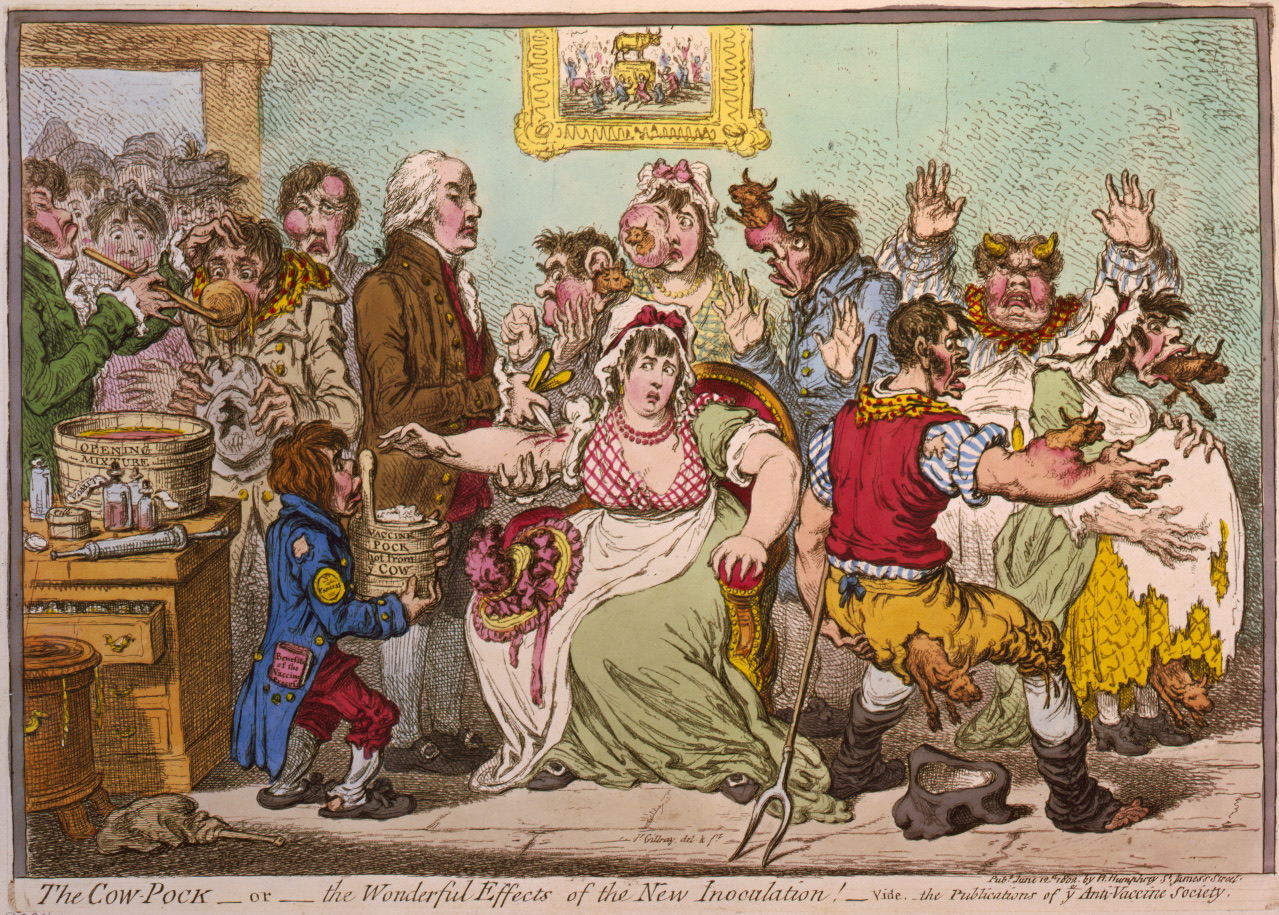 A hand-colored 1802 satirical engraving of a crowded vaccination clinic: a physician inoculates the arm of a frightened seated woman while, all around them, tiny cows burst from the arms, mouths, and bodies of people who have already been vaccinated.