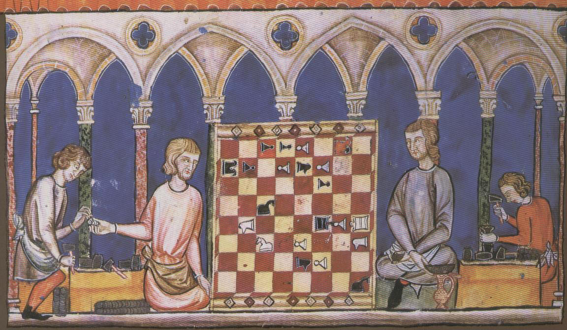 A medieval manuscript illumination showing two seated figures facing each other across a chessboard set between them, mid-game, in the illustrated style of Alfonso X's 1283 Book of Chess, Dice and Tables.
