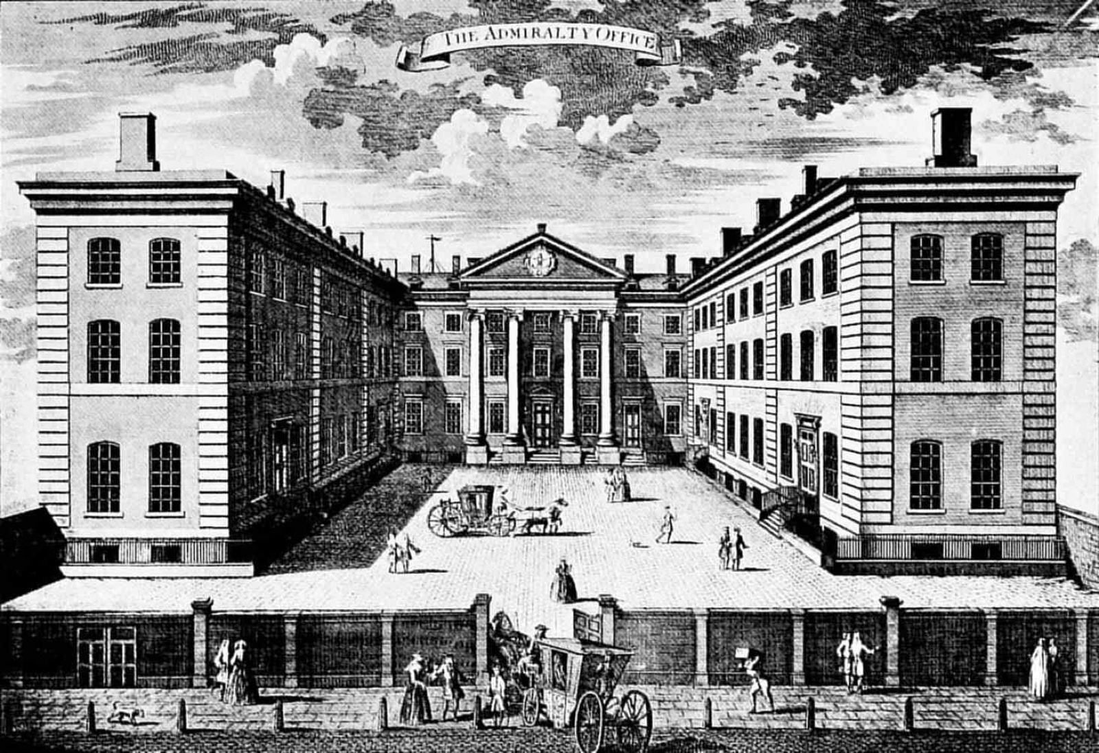 A 1760 engraving of the Admiralty Office in Whitehall, London — a three-winged courtyard building with a columned portico, carriages and pedestrians out front.