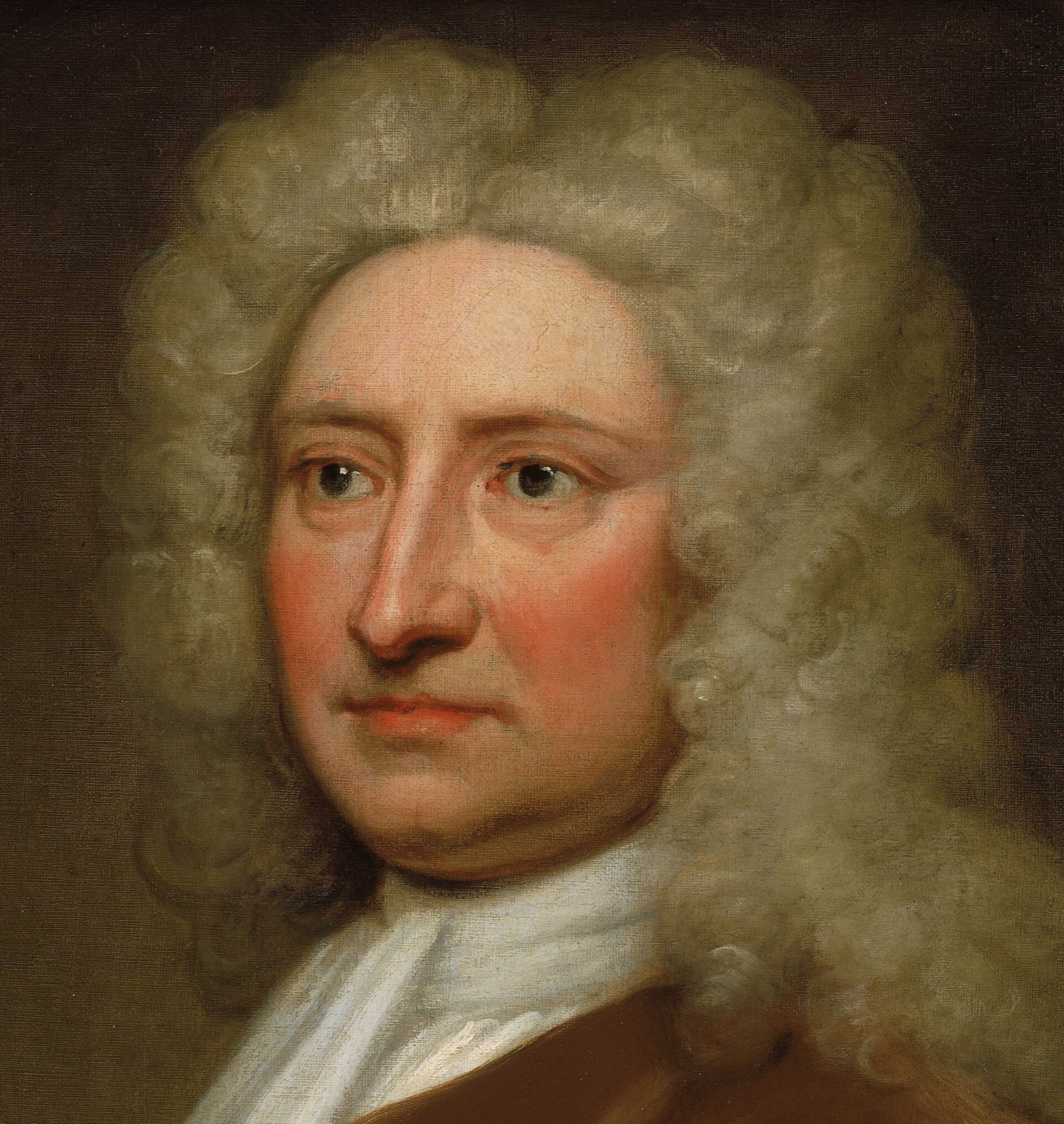 A head-and-shoulders oil portrait of Edmond Halley in a long grey curled wig, wearing a white cravat and a brown coat against a dark background.