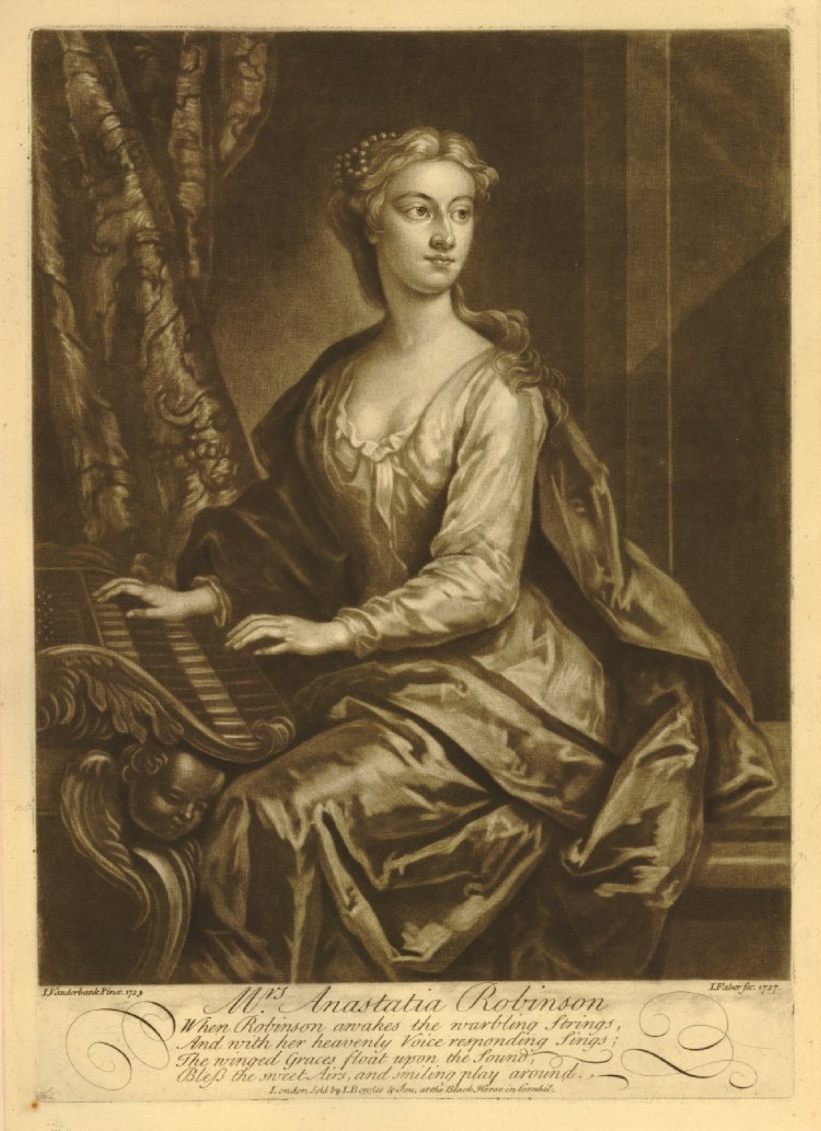 A 1727 mezzotint of the singer Anastasia Robinson seated in a satin gown at a harpsichord, one hand resting on the keyboard, the carved case supported by a winged figure.