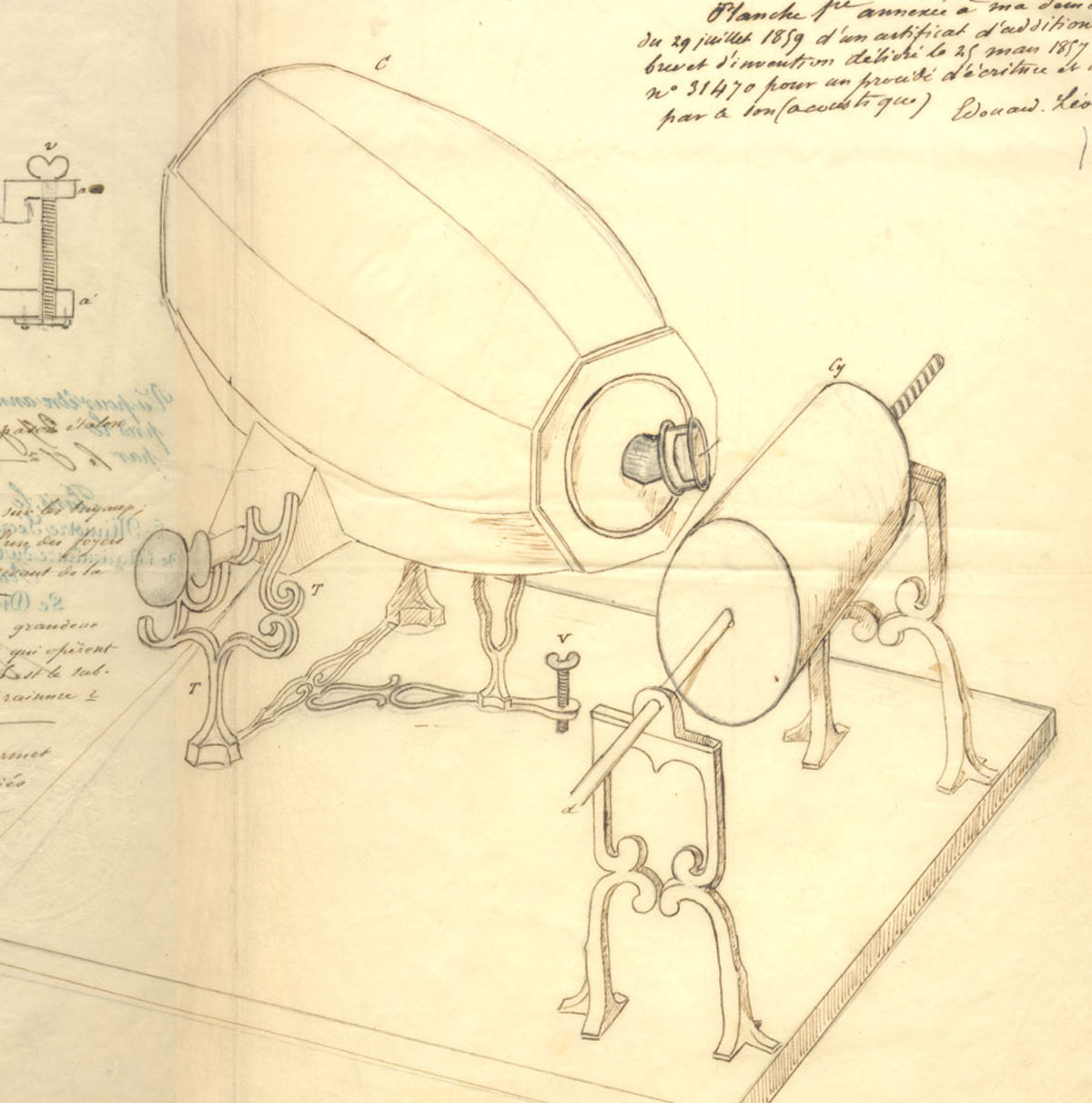 An 1859 illustration of Scott de Martinville's phonautograph — the instrument that traced sound vibrations as visible lines, decades before anyone could play them back.