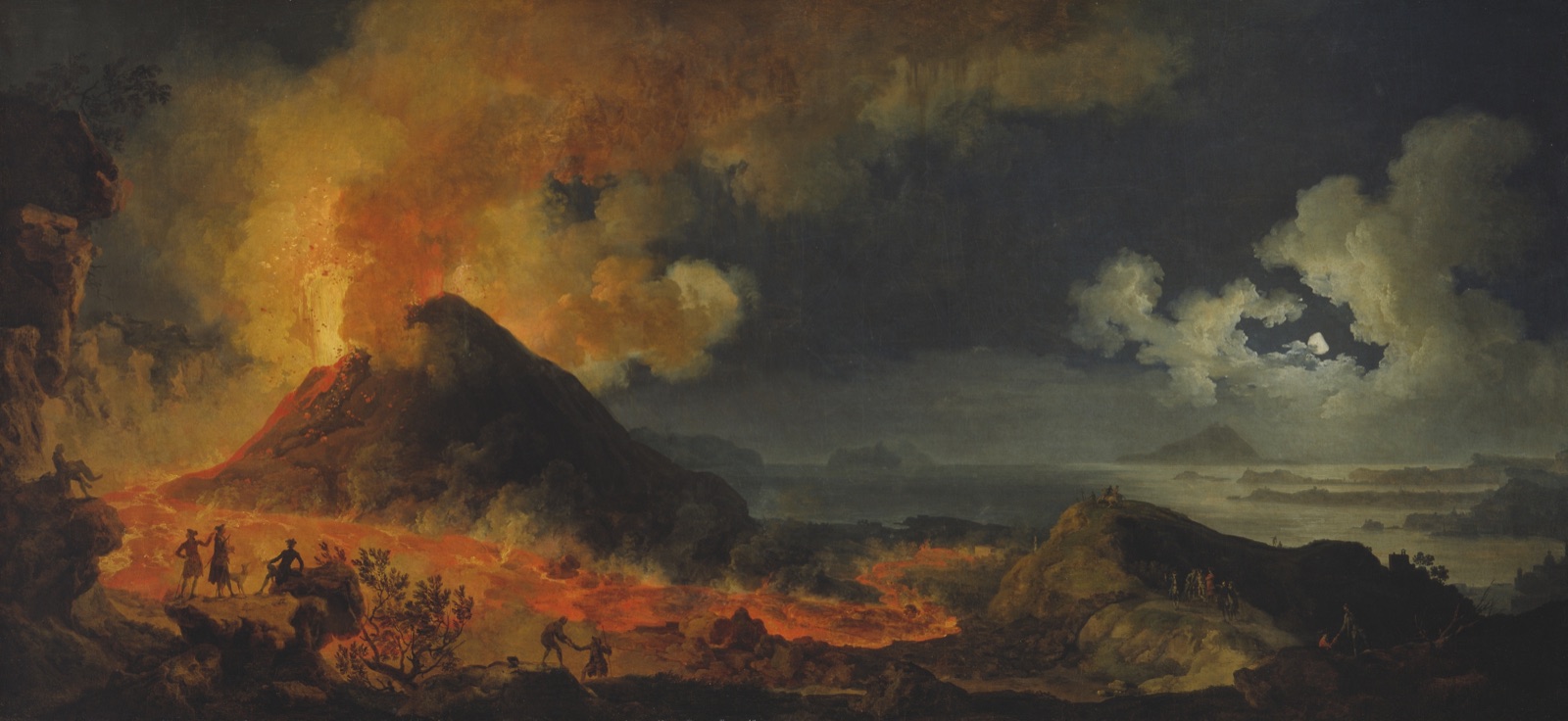 An 18th-century oil painting of Vesuvius erupting at night, a lava flow spilling down the slope past small figures watching from the foreground rocks, with the moonlit bay beyond.