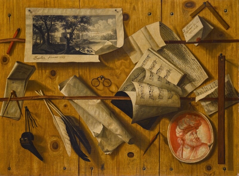 A trompe l'œil still life: letters, a sheet of music, a printed engraving, a pen-and-ink drawing and writing implements arranged as if pinned and tucked under ribbons against a plain wooden board.