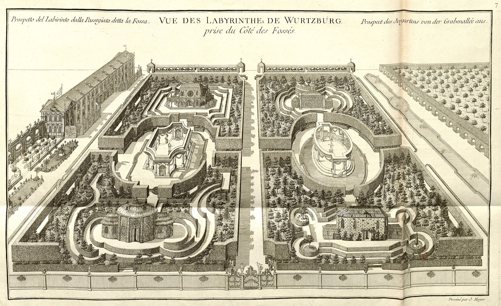 An 18th-century engraved overhead plan of a formal garden labyrinth: symmetrical hedged pathways branching, forking, and doubling back around a central space.