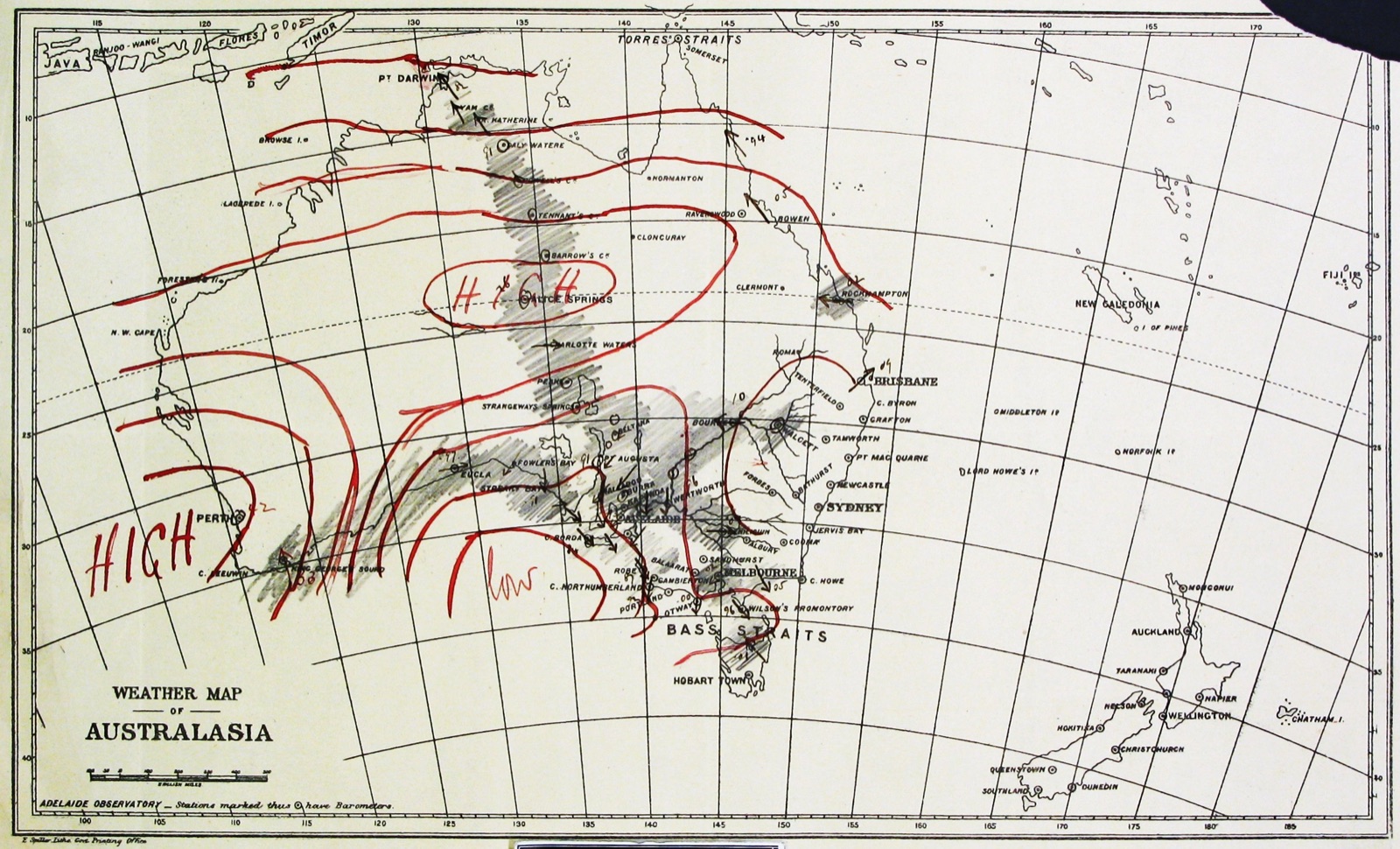 A hand-drawn synoptic weather chart dated 29 May 1882 from the Todd Weather Folios: a map overlaid with curving contour lines (isobars) and small handwritten station notations recording pressure and conditions across a region.