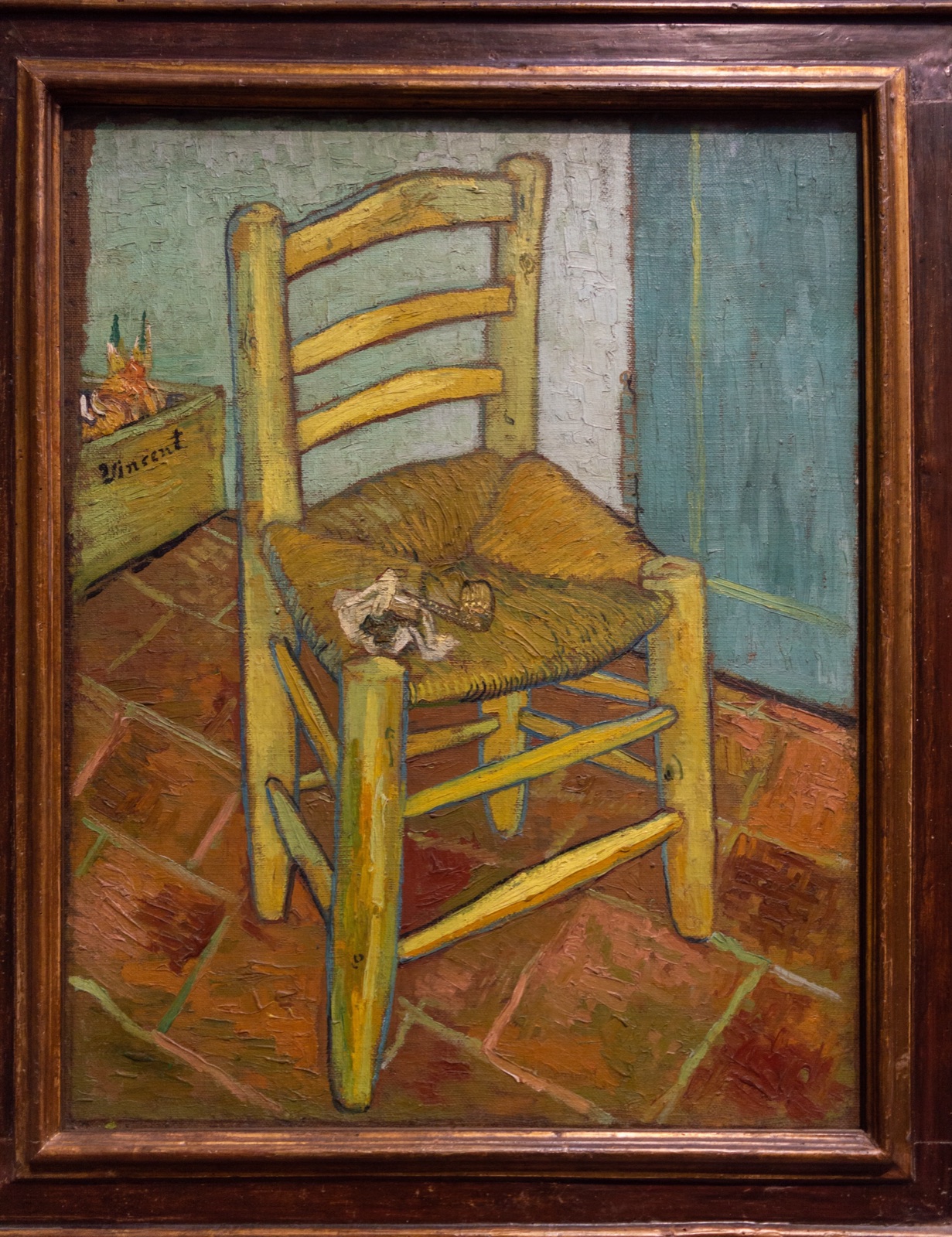 A painting of a plain wooden rush-seated chair standing empty on a red-tiled floor, with a pipe and a twist of tobacco resting on the seat.